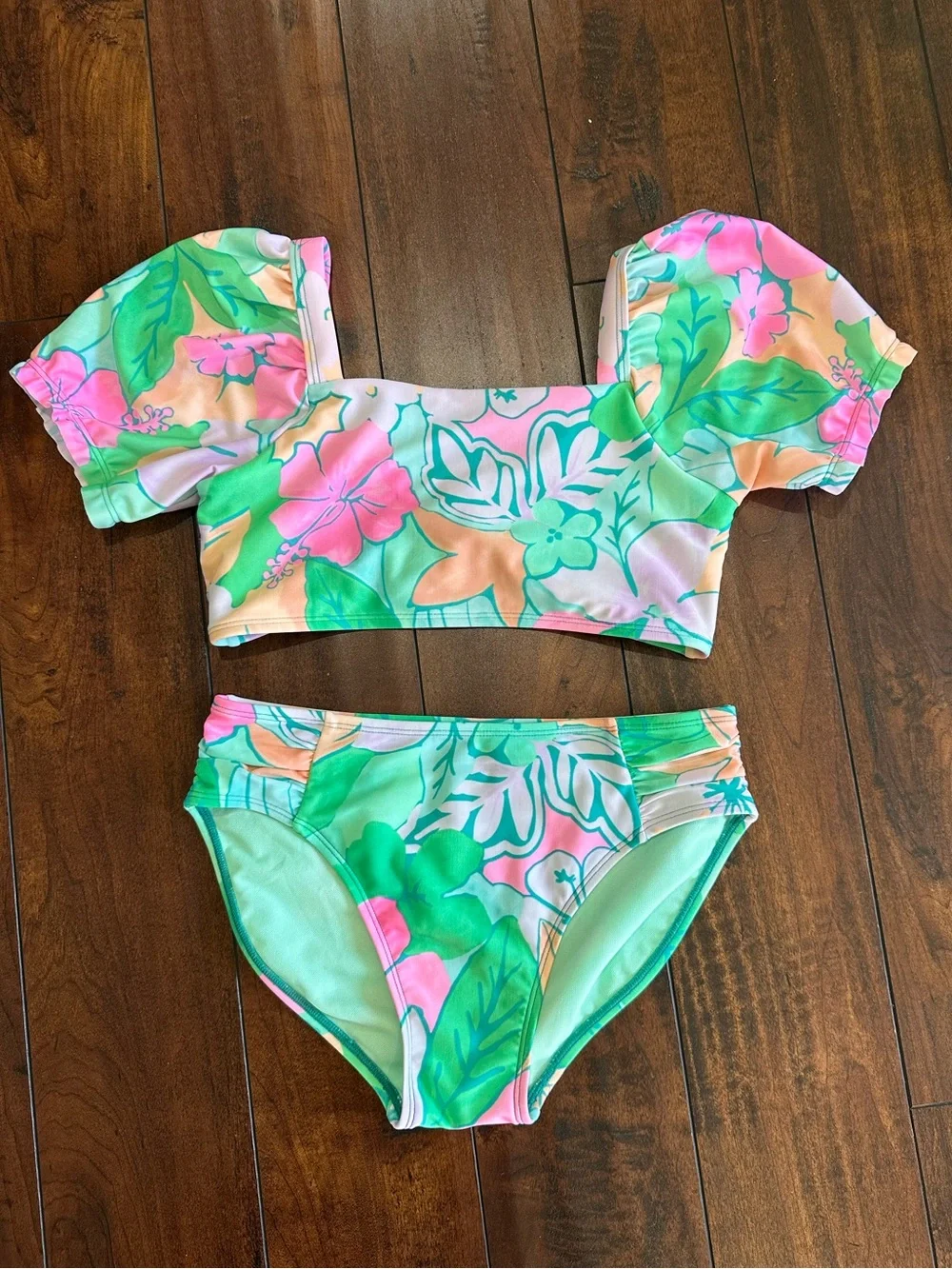 Girls Cat & Jack Tropical Floral Print Bikini Swimsuit Sz XL 14